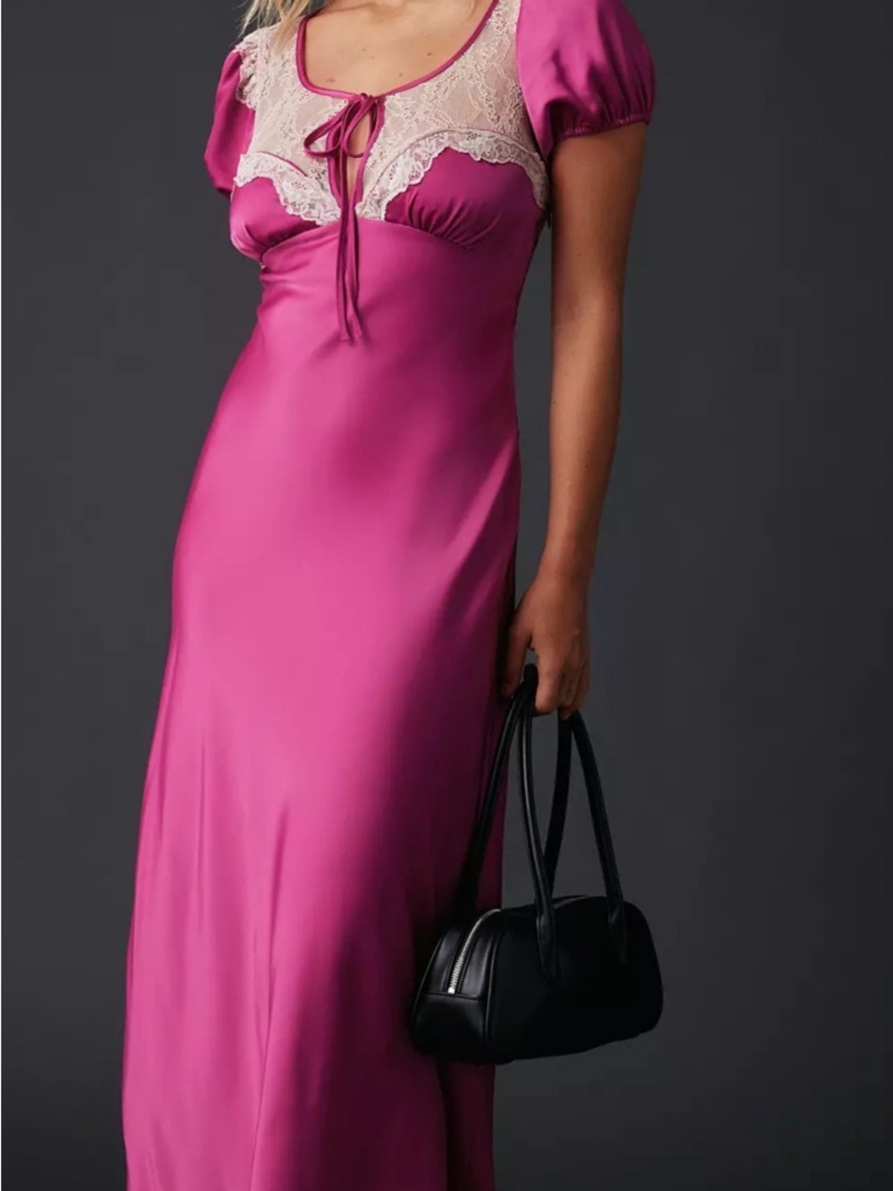 Kimchi Blue Fuchsia Pink Satin Lace-Trim Slip Dress